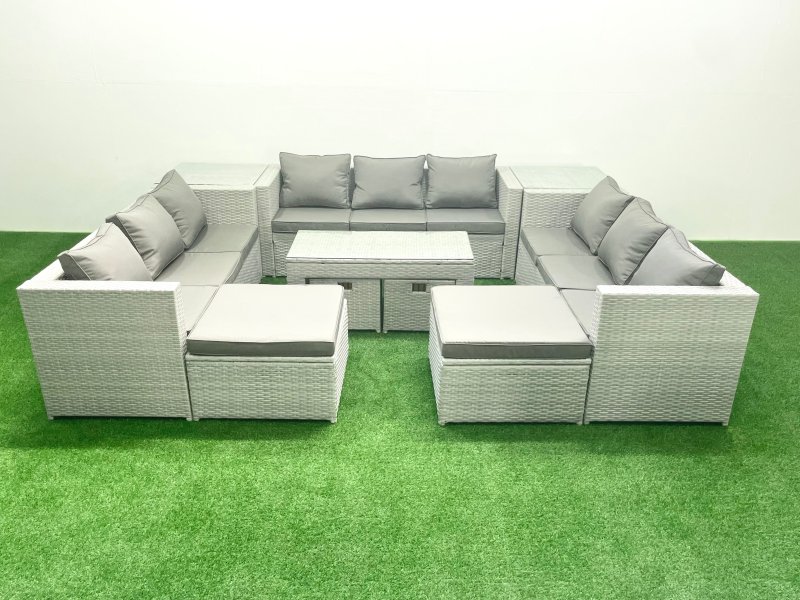Fimous Outdoor Rattan Garden Furniture Set with Grey Cushions Luxury 13 Seater with Coffee Table and 2 Side Tables For Conservatory,Patio