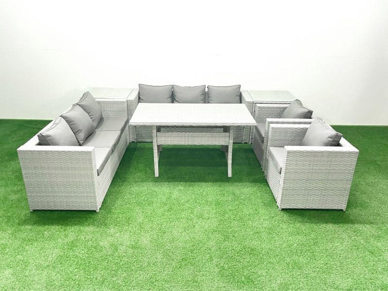 Fimous Rattan Garden Furniture Set Outdoor 8 Seater Patio Dinin g Sofa Sets with Dining Table 2 Chairs 2 Side Tables Light Grey Mixed