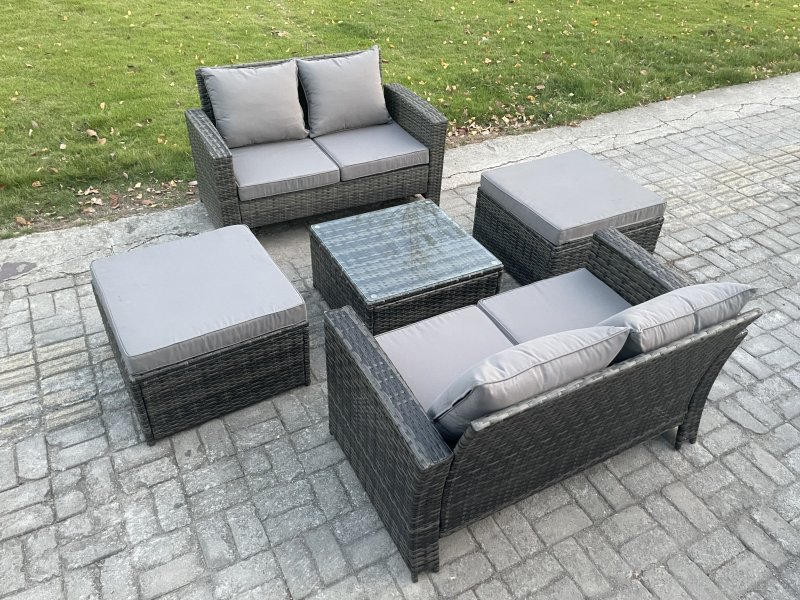 Fimous Rattan Garden Furniture Set 5 piece Patio Rattan Furniture Sofa Weaving Wicker includes 2 Double Seat Sofa, Coffee Table and 2 Big Footstool