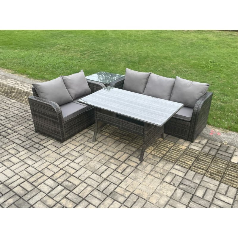 Fimous Outdoor Garden Patio Furniture Wicker Rattan Oblong Rectangular Dining Table and Lounge Sofa set with Side Table Dark Grey Mixed