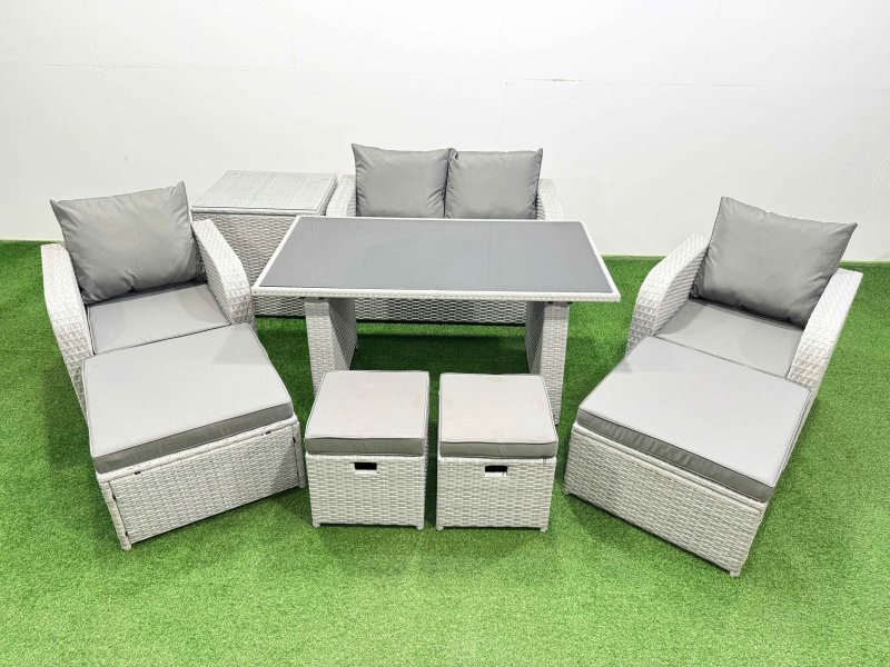 Fimous 8 Seater Patio Garden Furniture Sets with Dining Table Love Sofa Side Table 4 Stools Light Grey