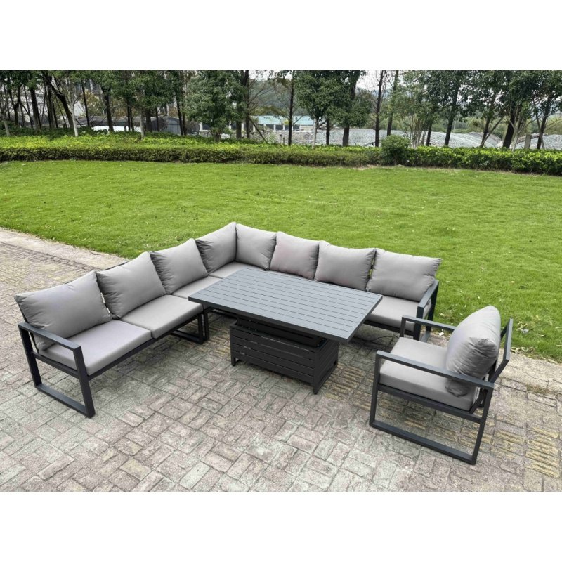Fimous 8 Piece L-shaped Garden Furniture Set 9-Seater Aluminium Outdoor Dining Set with Adjustable Rising Lifting Dining Table 2 Small Footstools Dark Grey