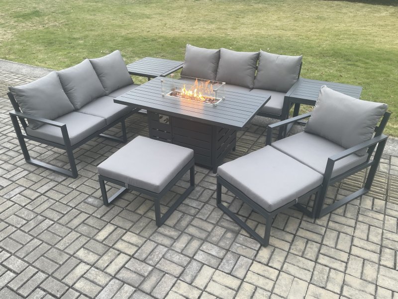 Fimous Aluminium 8 Pieces Garden Furniture Sofa Set with Cushions 9 Seater Gas Fire Pit Dining Table Set with 2 Side Tables 2 Big Footstools Dark Grey