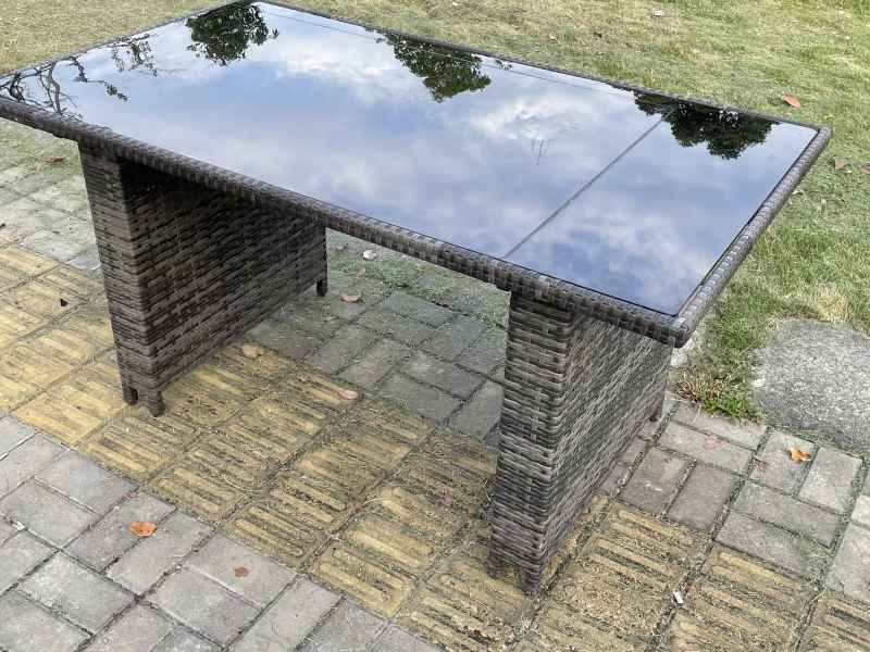 Fimous Wicker PE Outdoor Rattan Garden Furniture Arm Chair And Table Dining Sets 6 Seater Rectangular Table Dark Grey Mixed
