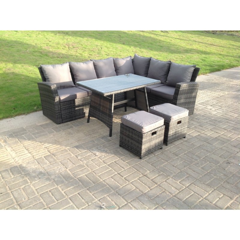 Fimous High Back Rattan Corner Sofa Set Dining Table Outdoor Furniture Dark Grey Mixed Right Option