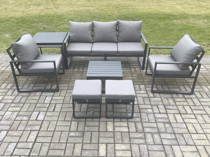 Fimous Aluminium 7 Seater Outdoor Lounge Sofa Set Garden Furniture Sets with Square Coffee Table 2 Chairs 2 Small Footstools Side Table Dark Grey