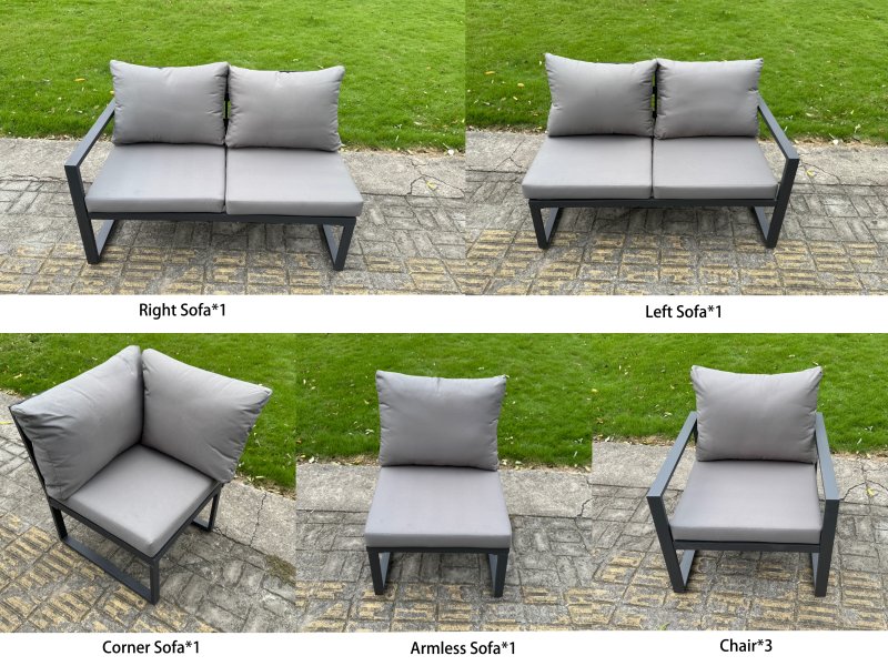 Fimous 9 Pieces Aluminium Garden Furniture Sets with Adjustable Rising Lifting Dining Table,Chair,2 Small Footstools 10 Seater Corner Sofa Set Dark Grey