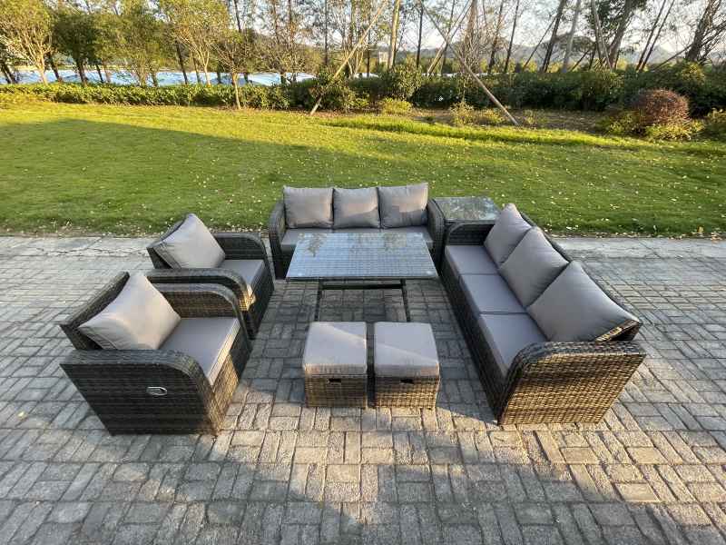 Fimous 10 Seater Rattan Outdoor Garden Furniture Sofa Set Patio Table & Chairs Set with 3 Seater Sofa Rectangular Dining Table Side Table 2 Small Footstools Dark Grey Mixed