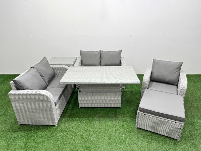 Fimous High Back Poly Rattan Garden Furniture Set with Reclining Chair Loveseat Sofa Adjustable Lifting Dining or Coffee Table Indoor Outdoor Patio Set Big Stool Side Table Light Grey