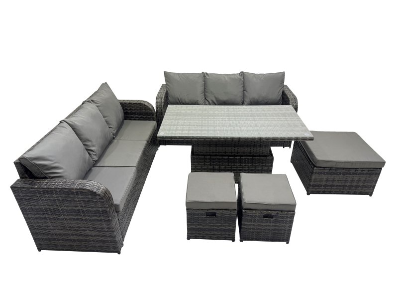 Fimous Rattan Garden Furniture Dining Set 9-seater Patio Height Adjustable Rising Lifting Table Sofa Set with 3 Footstools Dark Grey Mixed