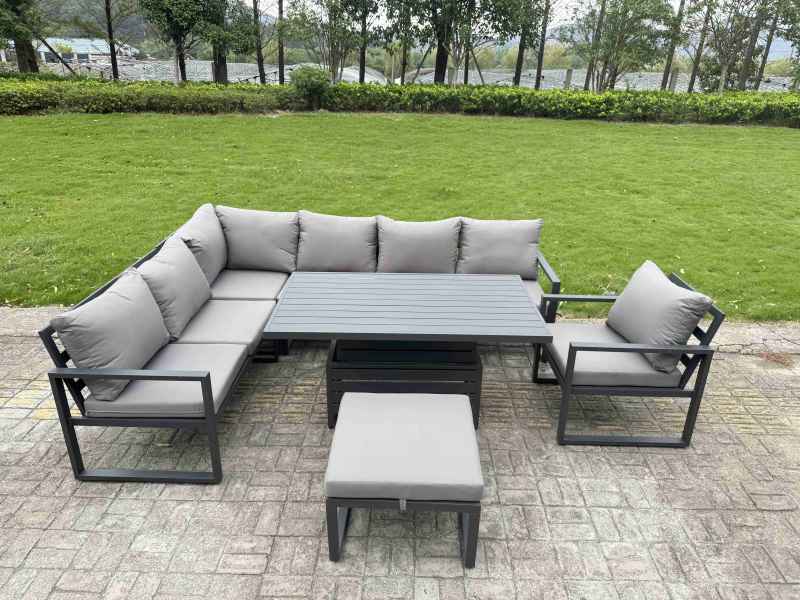 Fimous Aluminium Garden Furniture Sets,7 Seater Outdoor Conversational Dining Set with Adjustable Rising Lifting Dining Table Cushions for Yard,Poolside, Patio, Dark Grey