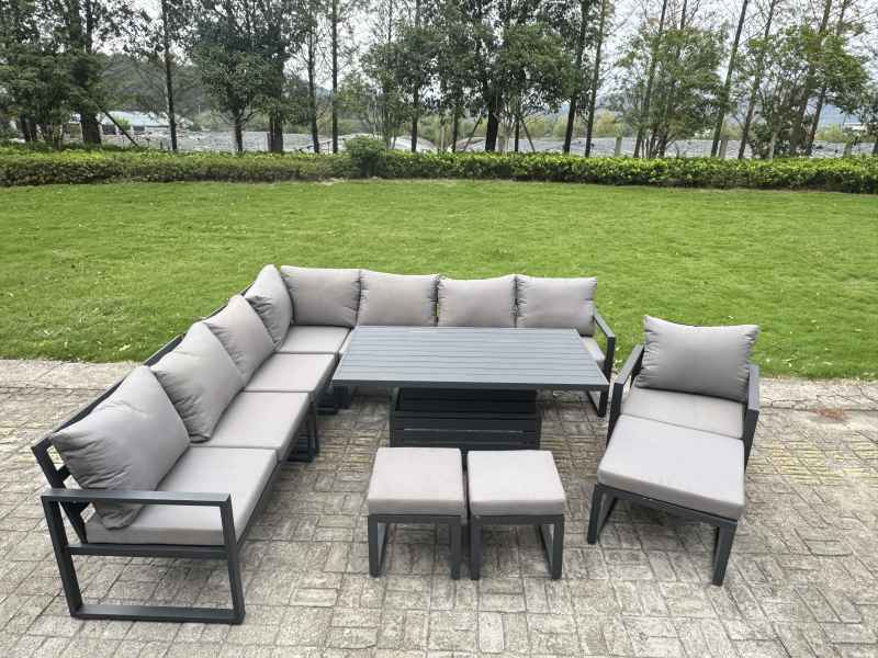 Fimous L-shaped Garden Furniture Set 10-Seater Aluminium Outdoor Dining Set with Adjustable Rising Lifting Dining Table 3 Footstools Dark Grey