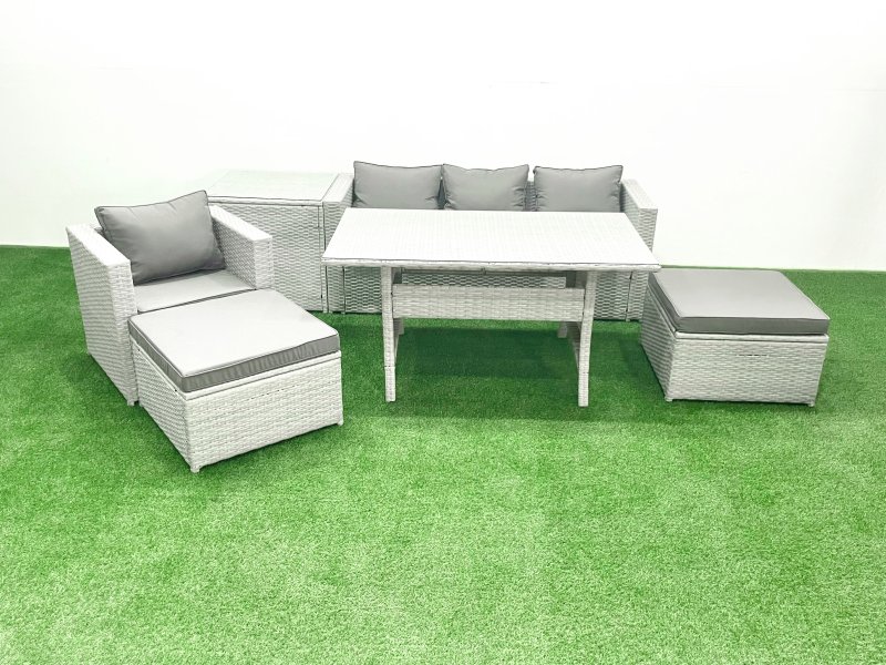Fimous Rattan Garden Furniture Set Outdoor 6 Seater Patio Dining Sets with Glass Top Dining Table and Side Table Light Grey Mixed