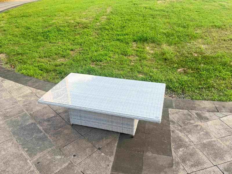 Fimous Light Grey Rattan Outdoor Garden furniture Set Height Adjustable Rising Lifting Table and 4 Chairs Set with Seat Cushion