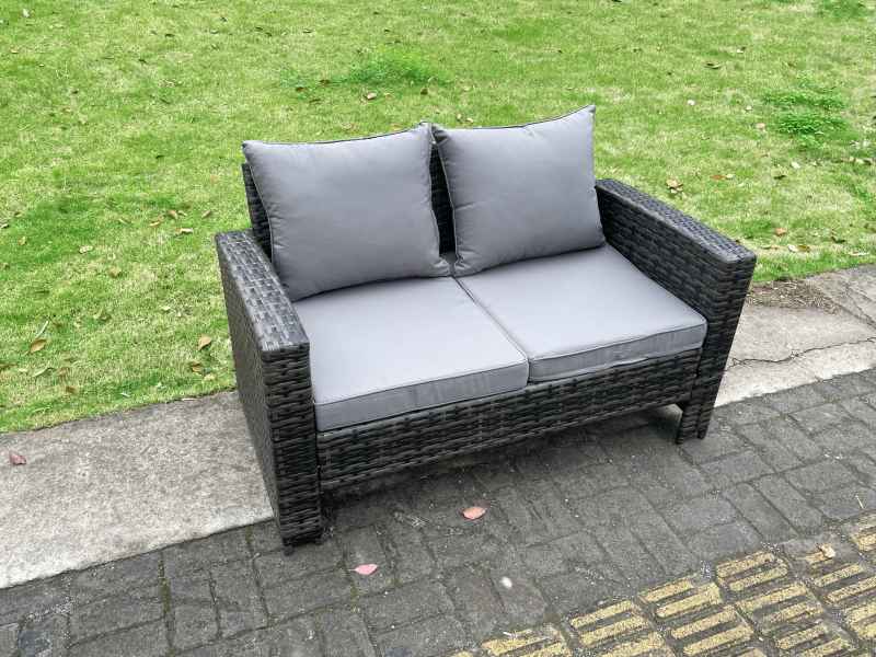 Fimous Outdoor Lounge Sofa Set Wicker PE Rattan Garden Furniture Set with Rectangular Dining Table 2 Seat Sofa 3 Footstools Side Table Dark Grey Mixed