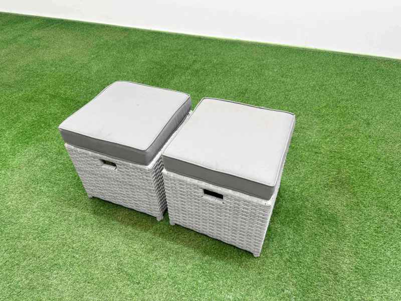 Fimous 8 Seater Outdoor Reclining Chair Love Sofa Set Rattan Garden Furniture Set with Rectangular Dining Table 2 Stools 2 Side Table Light Grey