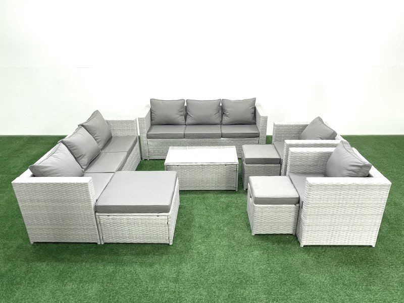 Fimous Outdoor Rattan Sofa Garden Furniture Set with 2 Armchairs Oblong Coffee Table 3 Footstools Light Grey Mixed
