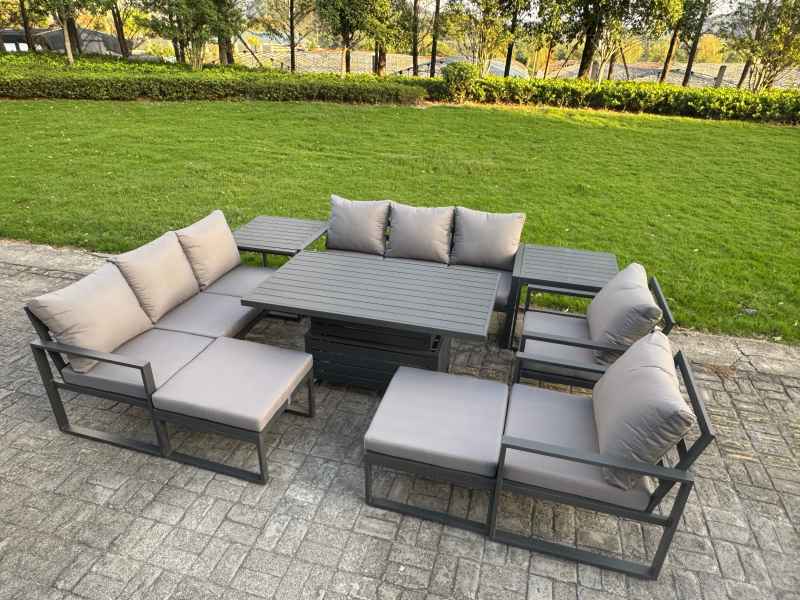 Fimous Garden Aluminium Furniture Set Dark Grey 10 Seater Outdoor Patio Adjustable Rising Lifting Dining Table with 2 Big Footstools Side Table Dark Grey