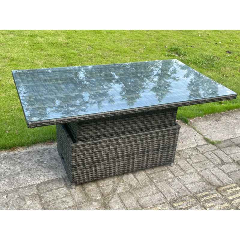 Fimous 8 Seater?Outdoor Rattan Sofa Set Adjustable Rising Lifting Dining Table Side Coffee Table Chairs Footstool Dark Grey Mixed