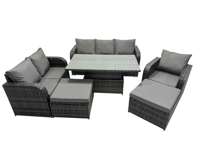 Fimous Rattan Garden Furniture Dining Set 8-seater Patio Height Adjustable Rising Lifting Table Sofa Set with 2 Big Footstool Dark Grey Mixed