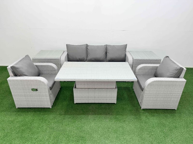 Fimous PE Rattan Garden Furniture Set Reclining Chair Sofa Lounge Sofa Set Adjustable Lifting Dining or Coffee Table 2 Side Table Light Grey