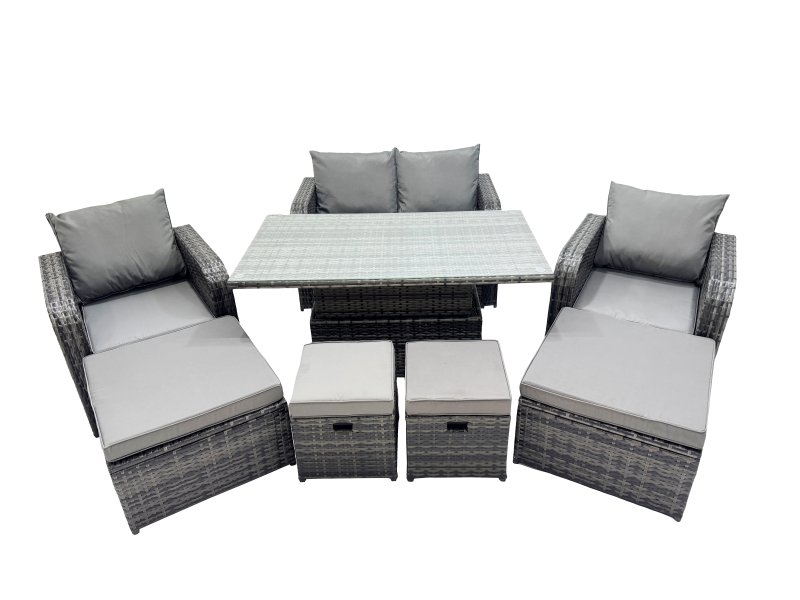 Fimous 8-seater Patio Height Adjustable Rising Lifting Table Sofa Sets Rattan Garden Furniture Dining Set with 4 Footstool Dark Grey Mixed