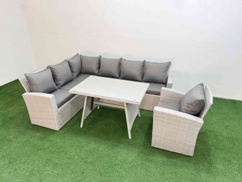 Fimous Garden Outdoor Rattan Furniture Set Rattan Corner Sofa Oblong Dining Table with Armchair Light Grey Mixed 7 Seater