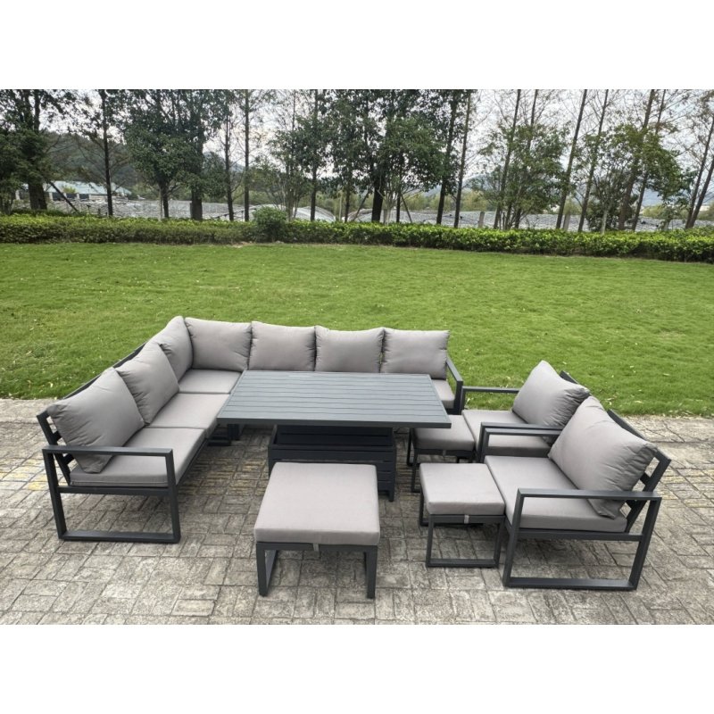 Fimous Aluminium Adjustable Rising Lifting Dining Table Sofa Set 10 Seat Aluminium Garden Furniture Sets with 3 Footstools Chair Dark Grey