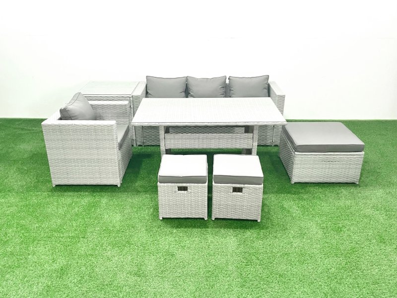 Fimous Rattan Garden Furniture Dining Set 7 Seater Lounge Sofa Chair Dining Table Set with 3 Footstools Side Table Light Grey Mixed