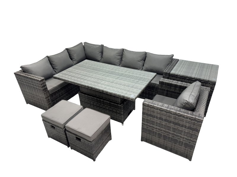 Fimous 9-seater Height Adjustable Rising Lifting Table Corner Sofa Set Rattan Garden Furniture Dining Set with 2 Small Stool Side Table Dark Grey Mixed