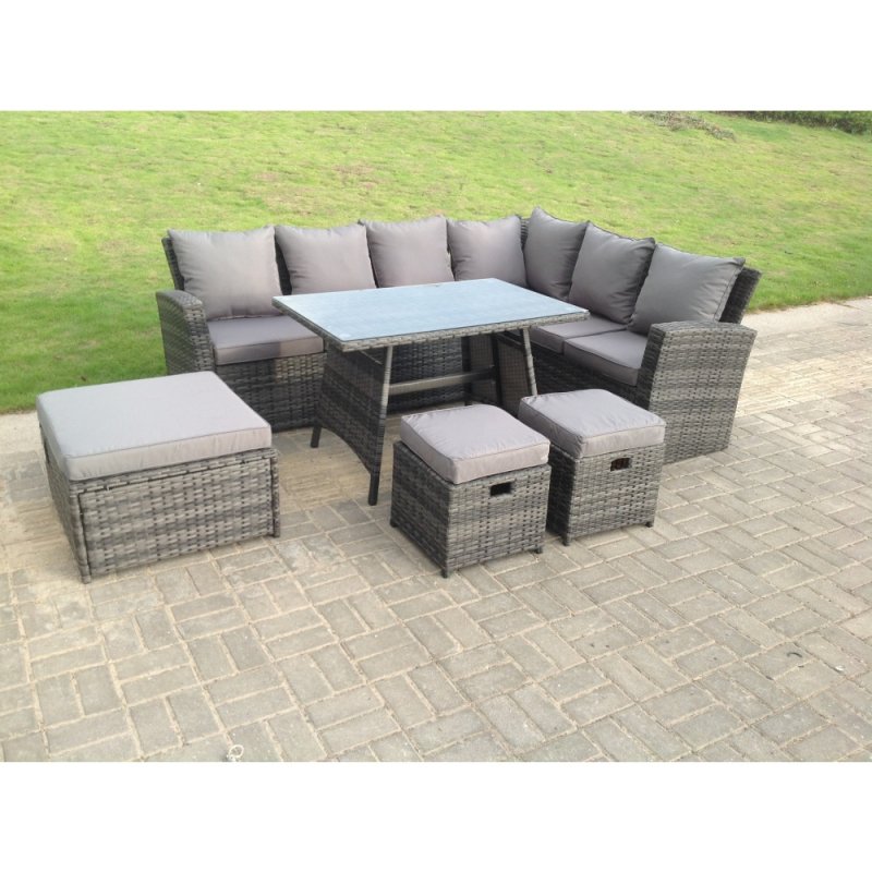 Fimous 9 Seater High Back Rattan Garden Furniture Set Corner Sofa With Oblong Dining Table Big And Small Stool