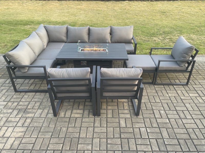 Fimous Aluminium Outdoor Garden Furniture Corner Sofa Gas Fire Pit Dining Table Sets Gas Heater Burner with 3 Chairs Big Footstool Dark Grey 10 Seater