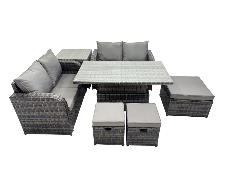 Fimous 7-seater Patio Height Adjustable Rising Lifting Table Sofa Sets Rattan Garden Furniture Dining Set with 3 Stools Side Table Dark Grey Mixed