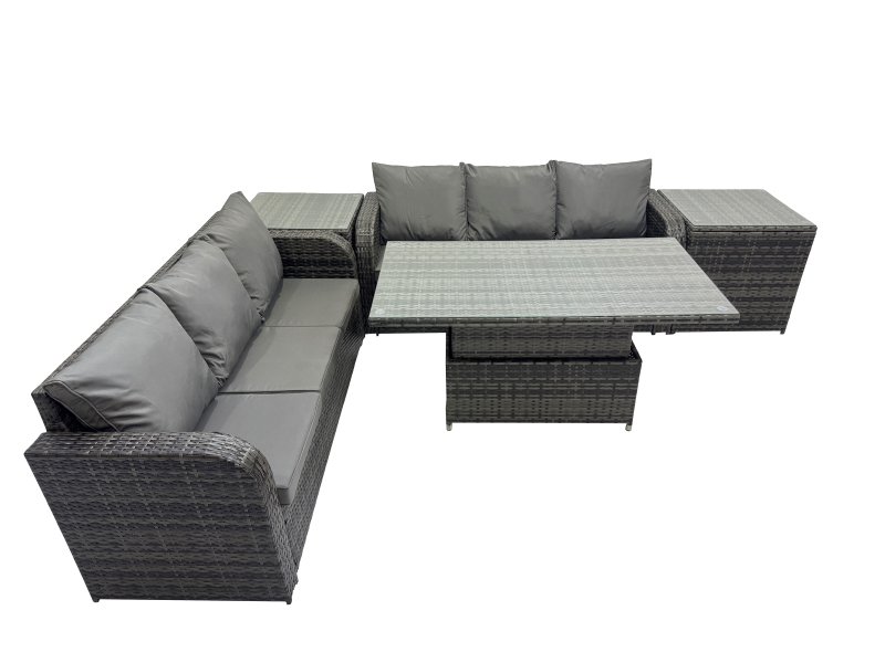Fimous Rattan Garden Furniture Dining Set 6-seater Patio Height Adjustable Rising Lifting Table Sofa Set with 2 Side Table Dark Grey Mixed