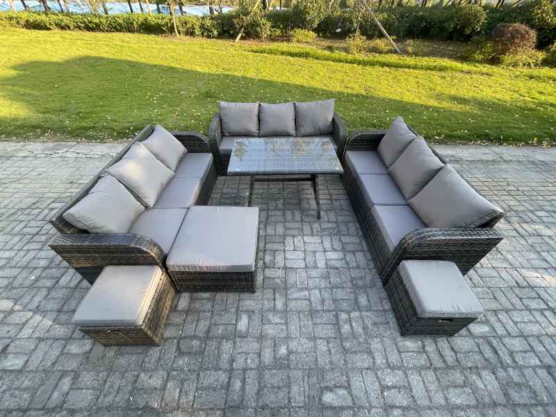 Fimous 12 Seater Wicker Rattan Garden Furniture Set with Rectangular Dining Table 3 Footstools Patio Outdoor Lounge Sofa Set