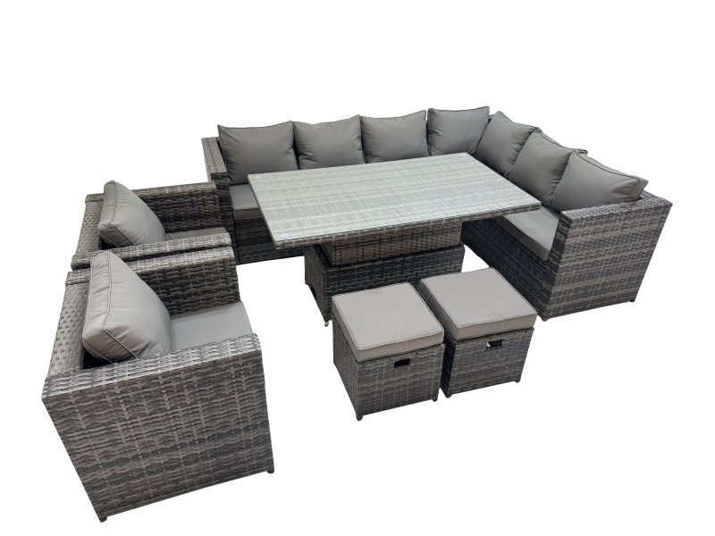 Fimous 10 Seater Rattan Height Adjustable Rising Lifting Table Corner Sofa Sets with 2 Chairs 2 Small Stools Dark Grey Mixed