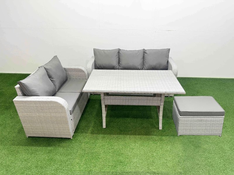 Fimous 6 Seater PE Rattan Wicker Garden Furniture Patio Conservatory Sofa Set with Rectangular Dining Table 3 Seater Sofa Love Sofa Big Footstool