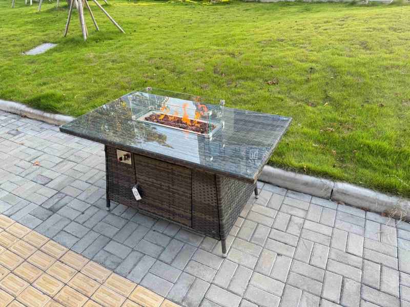Fimous Rattan Garden Furniture Dining Set 4-seater Patio Rectangular Gas Firepit Table Chairs Outdoor Dark Grey Mixed