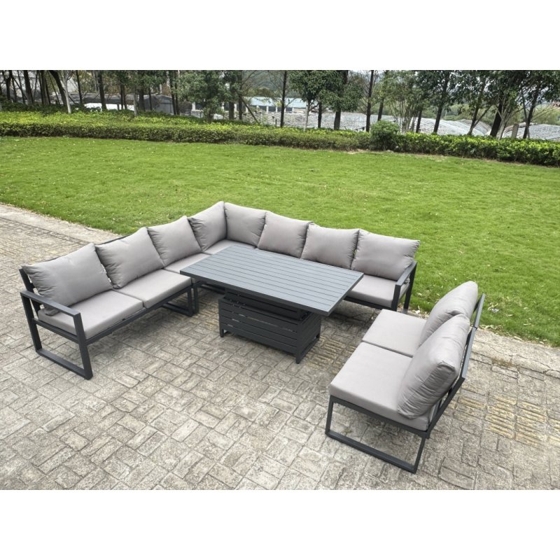 Fimous 10 Pieces Aluminium Garden Furniture Set with Cushions, Patio Furniture Set with Adjustable Rising Lifting Dining Table 3 Footstools Dark Grey
