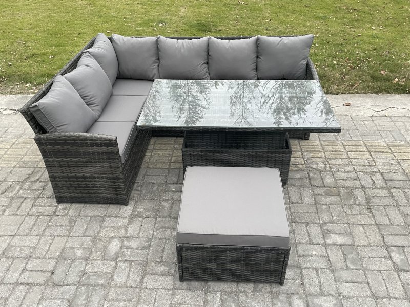 Fimous 7 Seater Rattan Garden Furniture Sets High Back Corner Sofa Height Adjustable Rising Lifting Table Set with Big Footstool Dark Grey Mixed