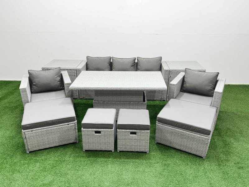 Fimous 10 PCs Rising Dining Table Set Rattan Furniture Set with 3 Seater Sofa Chair 2 Big Footstools 2 Small Footstools 2 Side Tables Light Grey
