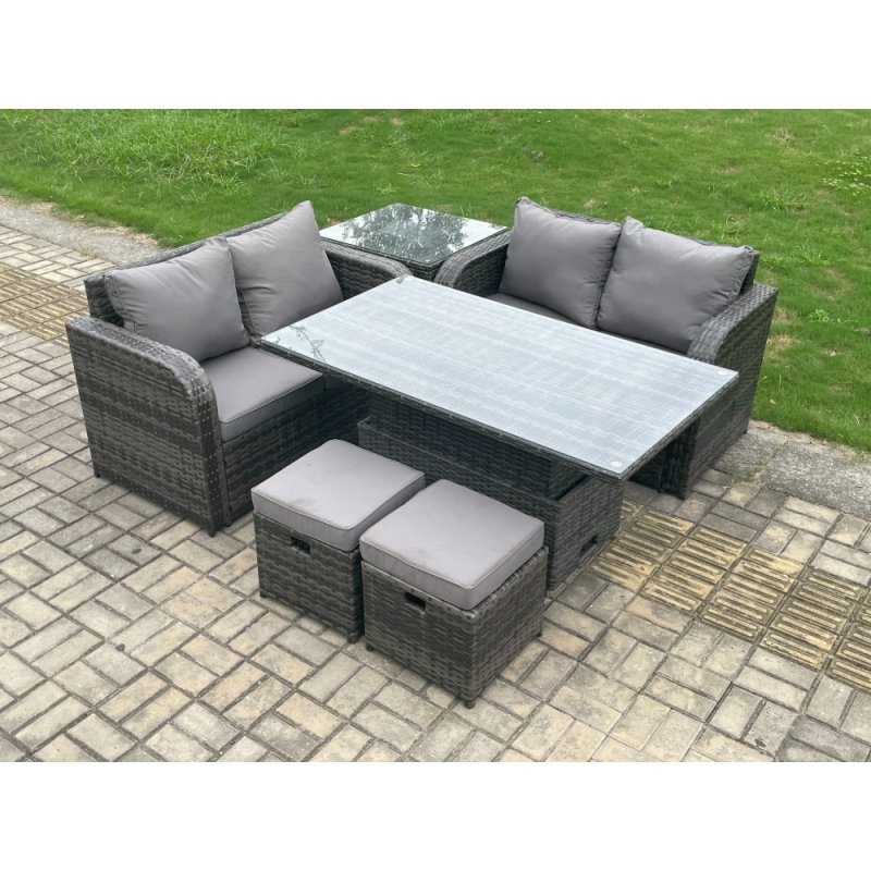Fimous Outdoor Rattan Furniture Garden Dining Set Height Adjustable Rising lifting Table Love Sofa Set With Side Table 2 Small Footstool Dark Grey Mixed