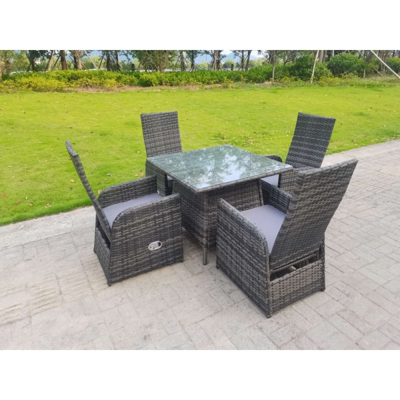 Fimous Dark Grey Mixed Outdoor PE Wicker Rattan Garden Furniture Reclining Chair And Table Dining Sets 4 Seater Square Tempered Glass Table