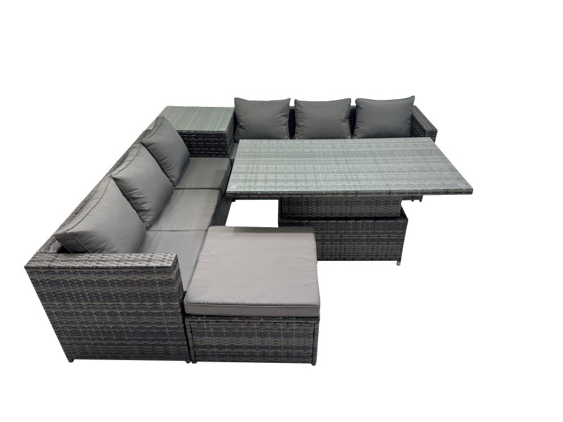Fimous 7 Seater Outdoor Corner Sofa Height Adjustable Rising Lifting Table Set Garden Rattan Furniture Set with Big Stool Dark Grey