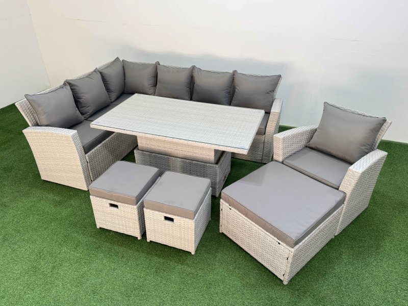 Fimous 10 Seat Rattan Outdoor Garden Furniture Corner Sofa Set Adjustable Lifting Dining or Coffee Table Set with 3 Footstools Light Grey