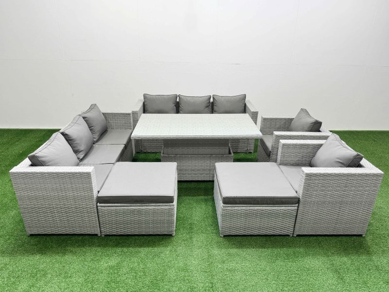Fimous 7 PCs Rising Dining Table Set Rattan Furniture Set with 3 Seater Sofa Chair 2 Big Footstools Light Grey