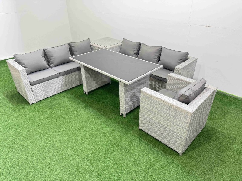 Fimous Patio Garden Furniture Sets with Black Glass Top Dining Table 3 Seater Sofa Armchair Side Table Light Grey