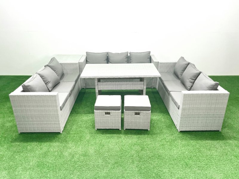 Fimous Rattan Garden Outdoor Furniture Set 11 Seater Garden Sofa Rectangulr Dining Table Set with 2 Small Footstool Side Table Light Grey Mixed