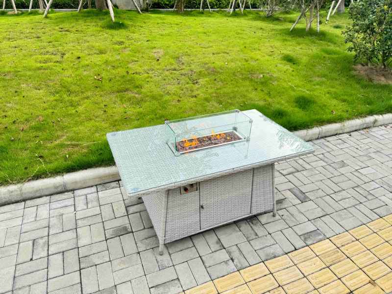 Fimous Light Grey Rattan Outdoor Garden furniture Set Gas Fire Pit Table and 6 Chairs Set with Seat Cushion