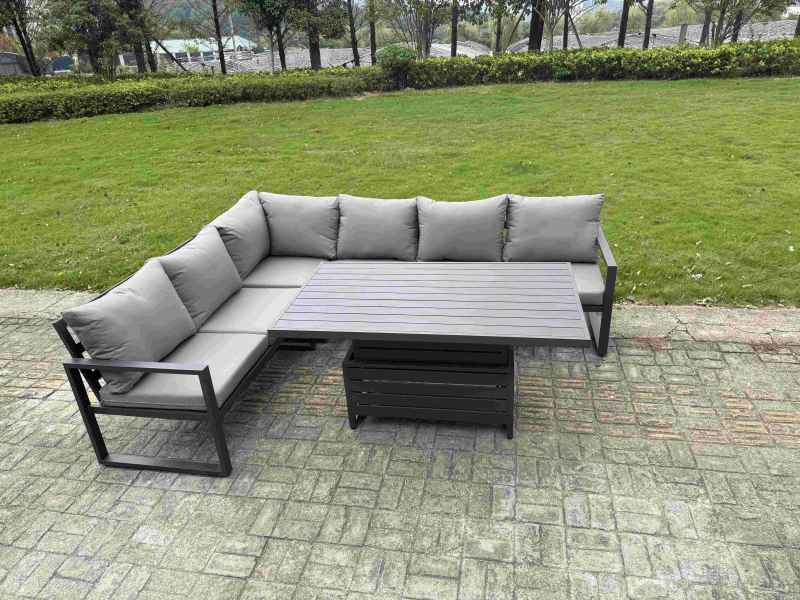 Fimous Aluminium Outdoor Adjustable Rising Lifting Dining Table Garden Furniture Dark Grey